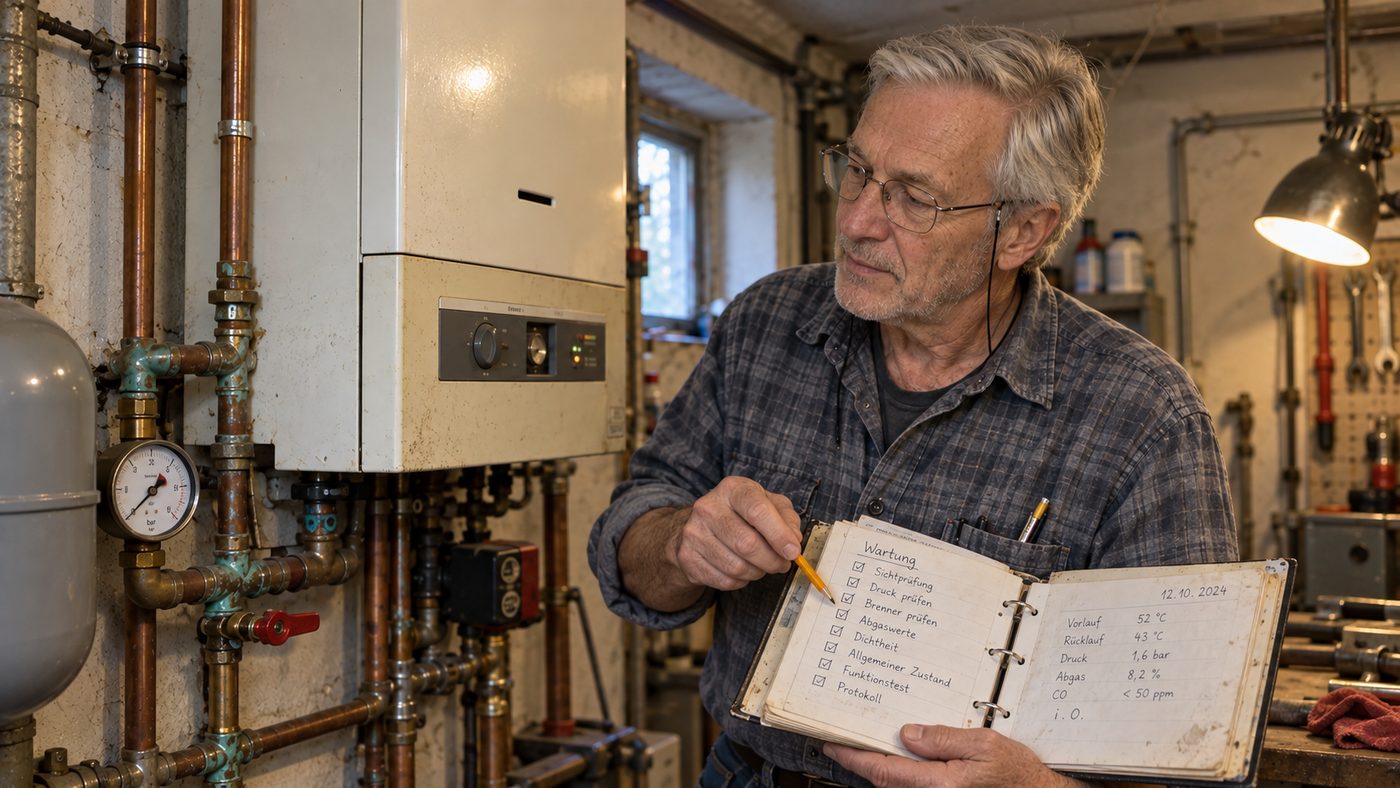 Werner Krüger im Heizungskeller neben der Gastherme, einen aufgeschlagenen Wartungsordner in der Hand, zeigt mit dem Bleistift auf seine handschriftliche Checkliste
