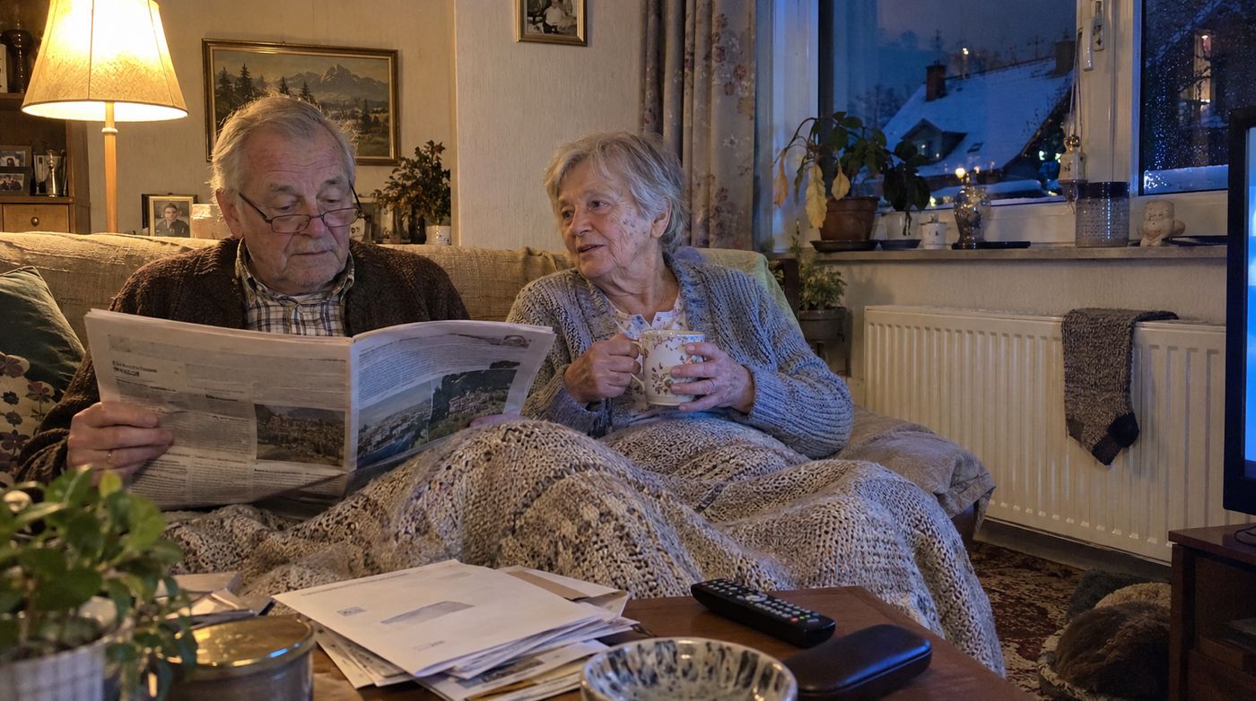Ein älteres Ehepaar sitzt an einem Winterabend unter einer Strickdecke auf dem Sofa, er liest Zeitung, sie hält einen Becher und erzählt ihm etwas; unter dem Fenster der Heizkörper mit einer Wollsocke, draußen verschneite Dächer