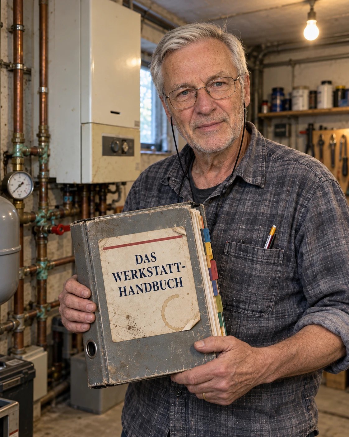 Werner Krüger steht im Heizungskeller vor Gastherme und Kupferrohren und hält mit beiden Händen einen abgegriffenen grauen Ringordner mit dem Titel „Das Werkstatt-Handbuch“