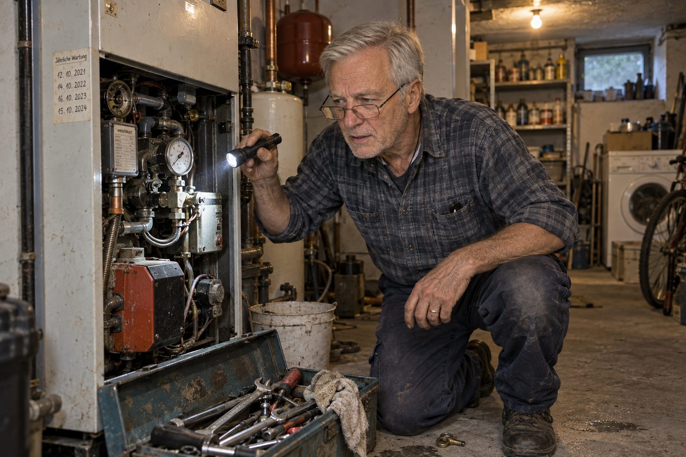 Werner Krüger kniet im Keller vor einem geöffneten Heizkessel und prüft mit der Taschenlampe den Brenner, daneben sein offener Werkzeugkasten