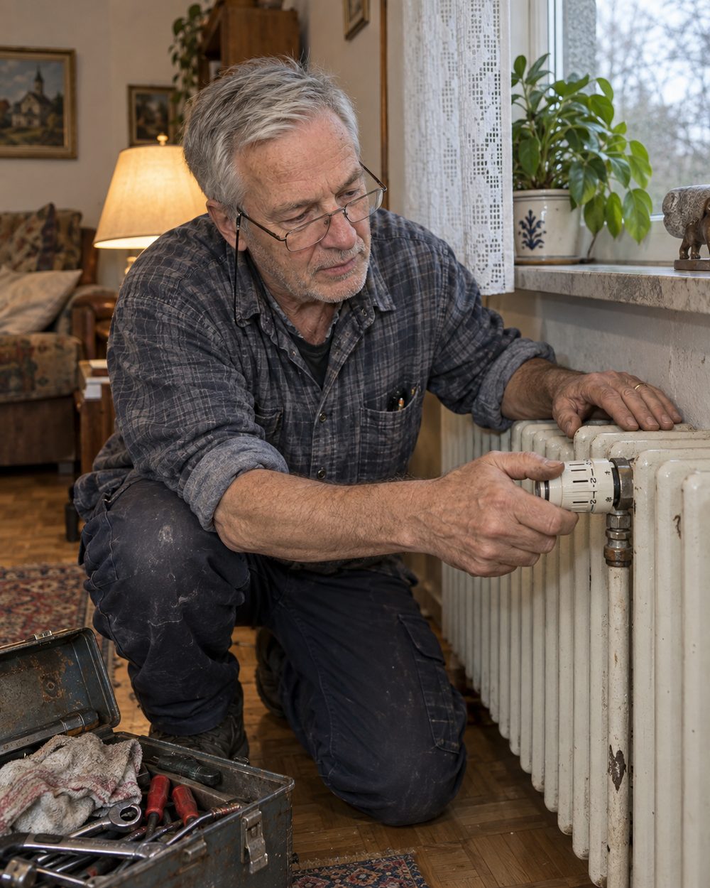 Werner Krüger kniet im Wohnzimmer vor einem alten Rippenheizkörper, dreht mit einer Hand am Thermostatkopf und legt die andere prüfend auf den Heizkörper; vorne sein offener Werkzeugkasten
